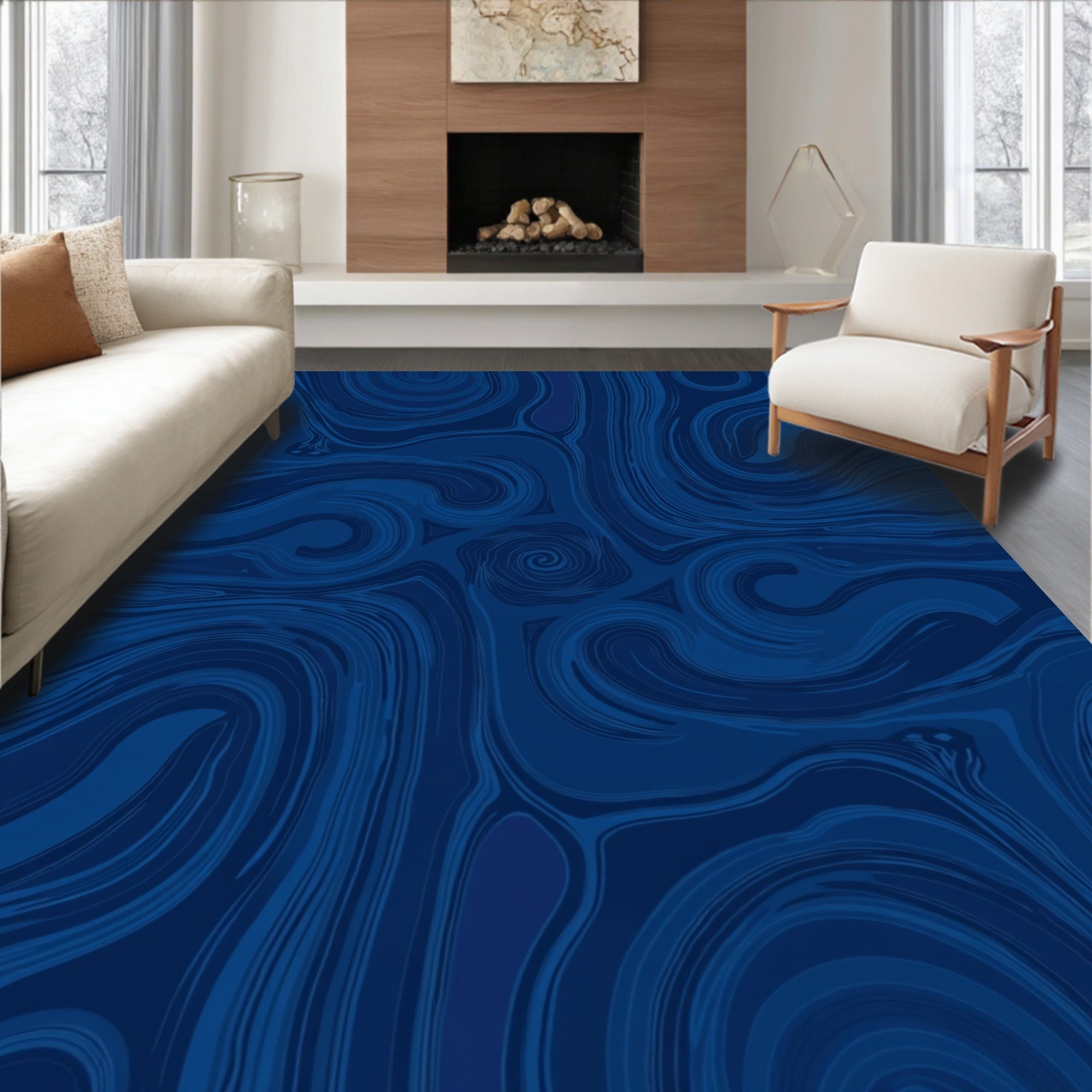 Deep Blue Swirl Marble Pattern Rug
