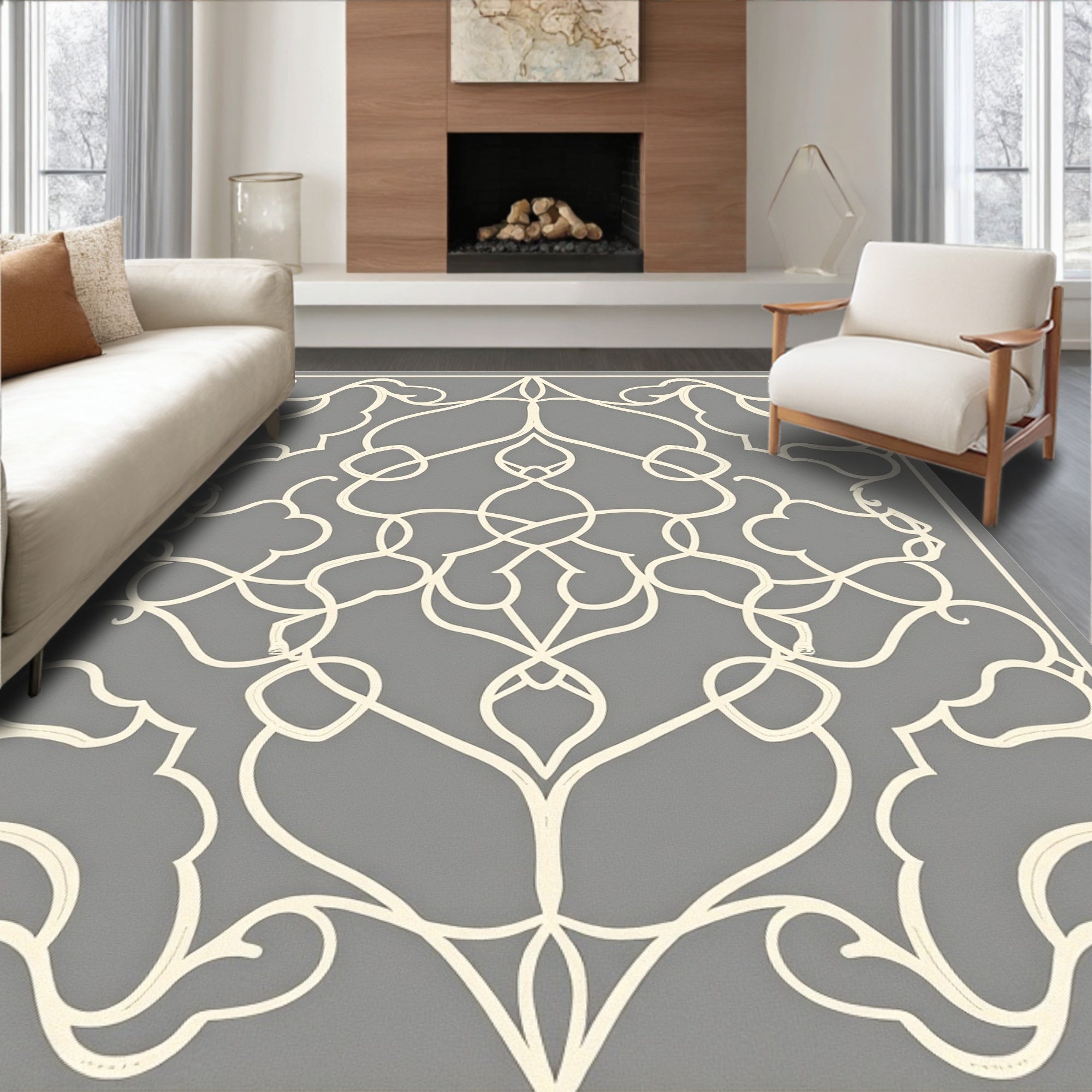 Elegant Off White Scrollwork Pattern Rug