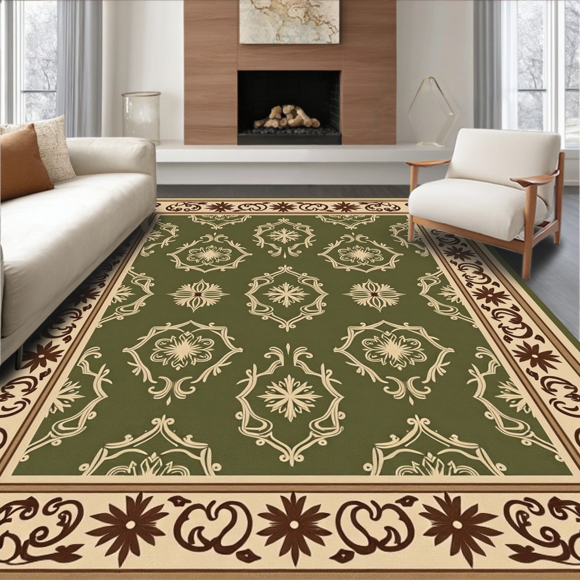 Classic Green Damask Scroll Border Rug