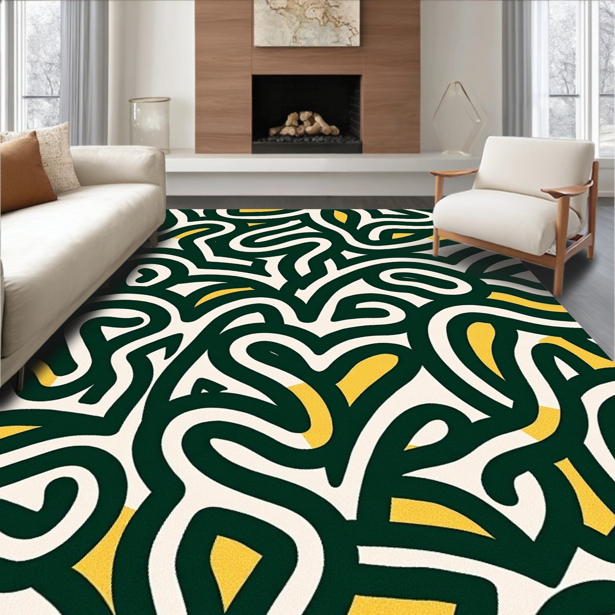 Abstract Swirls Dark Green Gold Rug