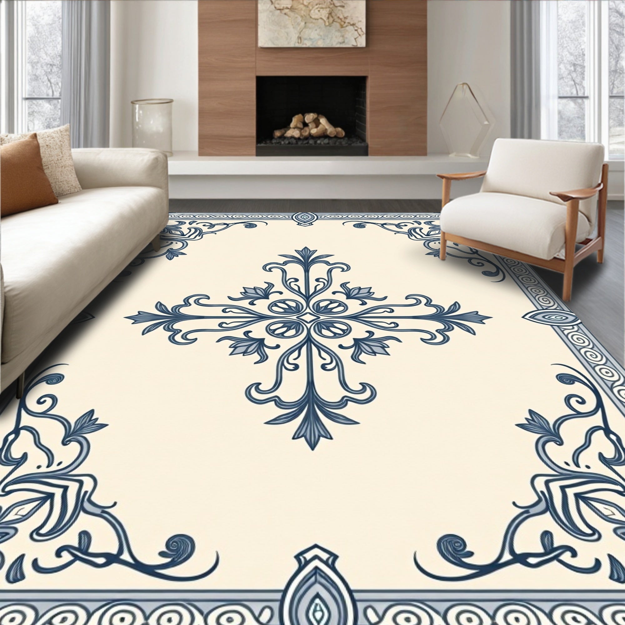 Vintage Blue Floral Scrollwork Design Rug