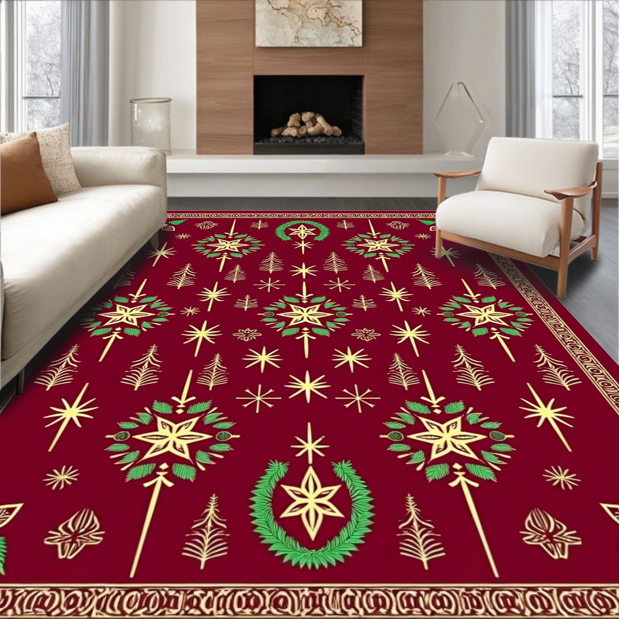 Crimson Star Tree Garland Medallion Rug