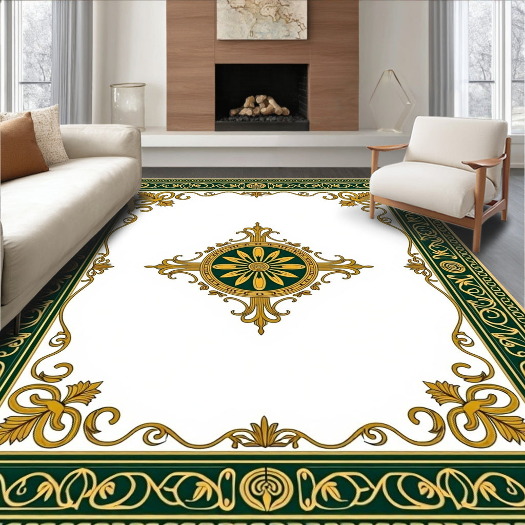 Elegant Green Gold Flourish Pattern Rug