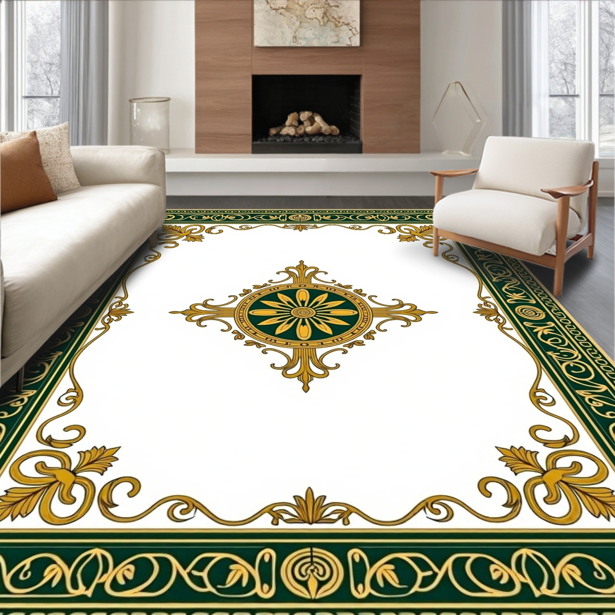 Elegant Green Gold Flourish Pattern Rug