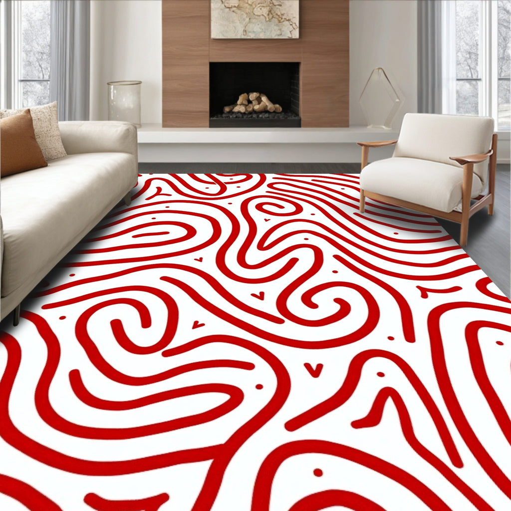 Bold Red Wavy Line Art Rug