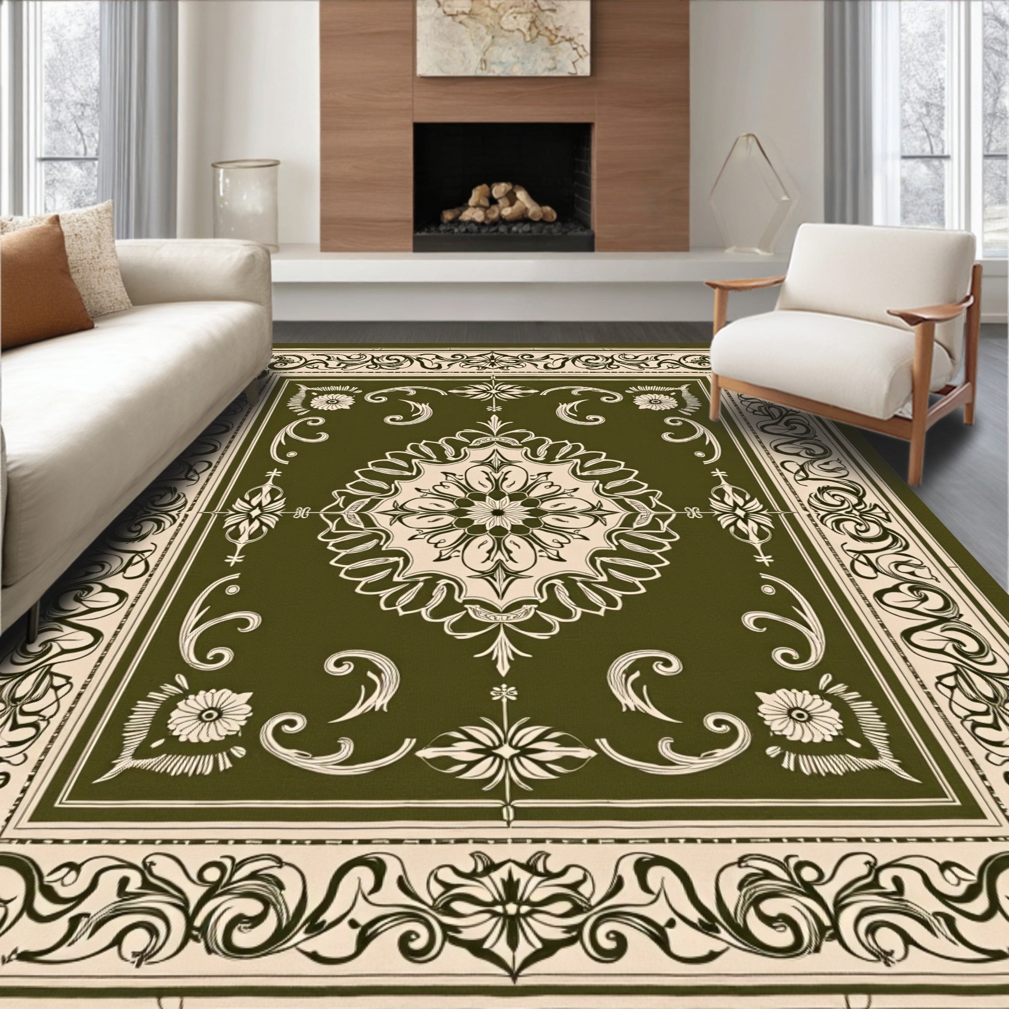Olive Cream Elaborate Floral Pattern Rug