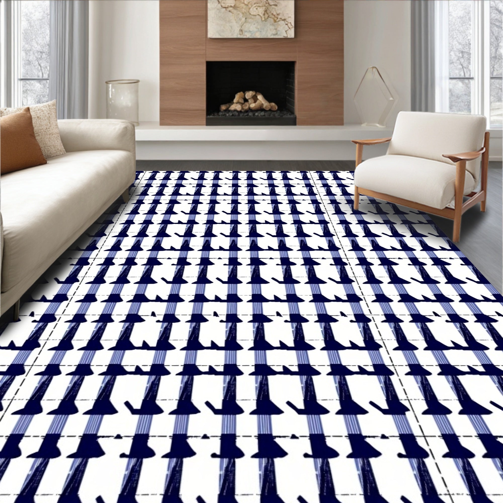 Indigo White Checkered Graphic Pattern Rug