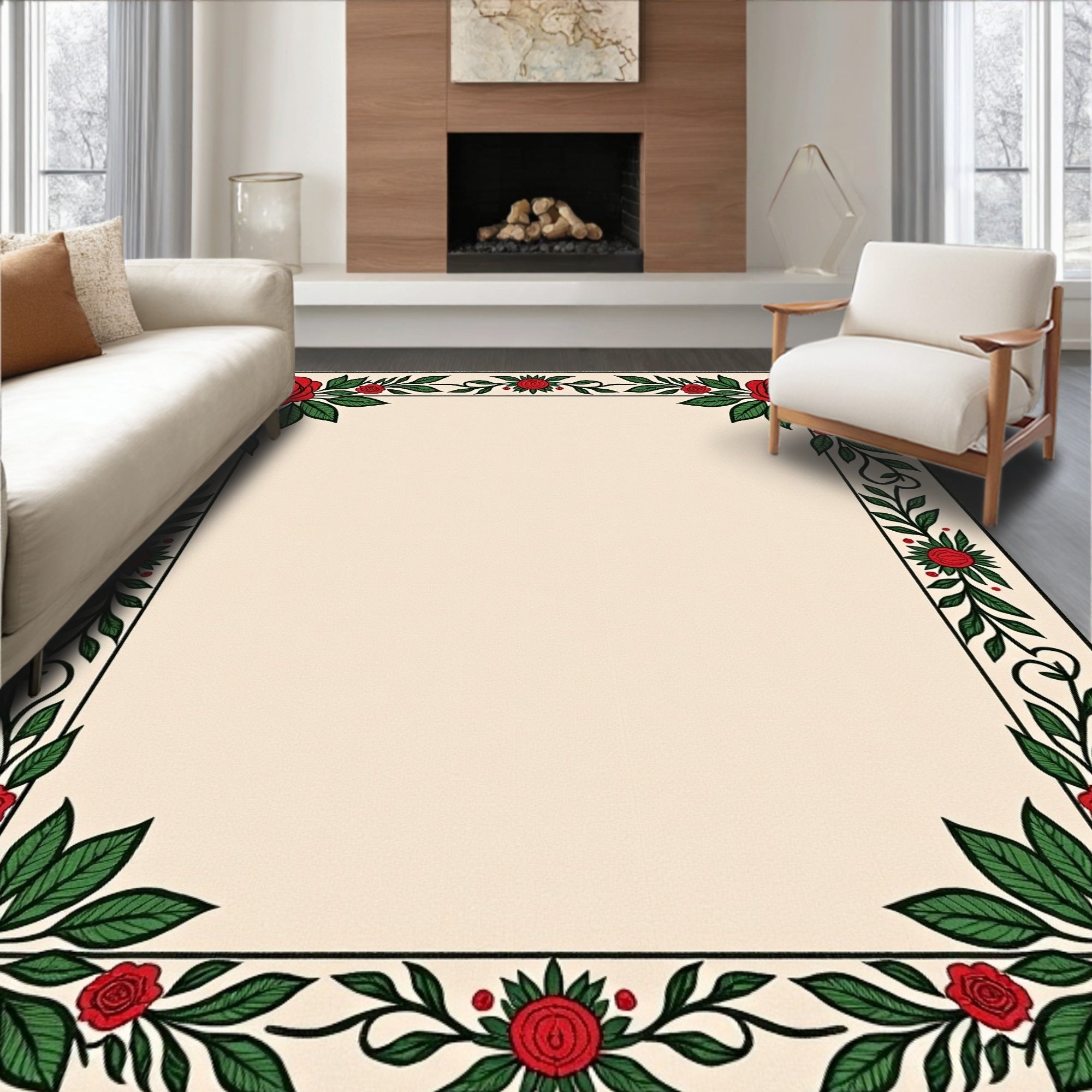 Red Rose Vine Bordered Design Rug