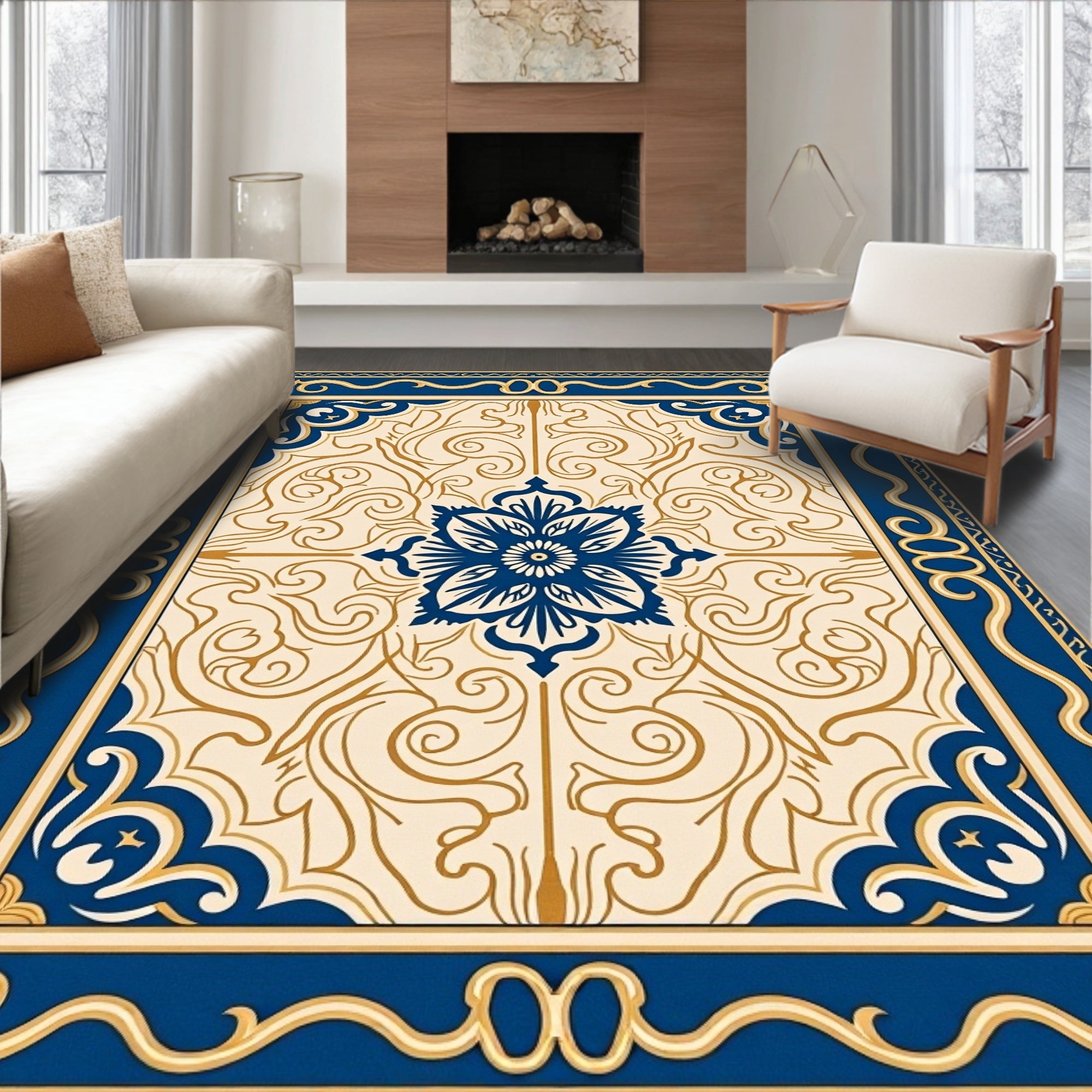 Classic Blue Gold Floral Filigree Rug