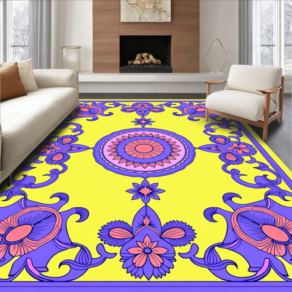 Bright Floral Medallion Border Design Rug