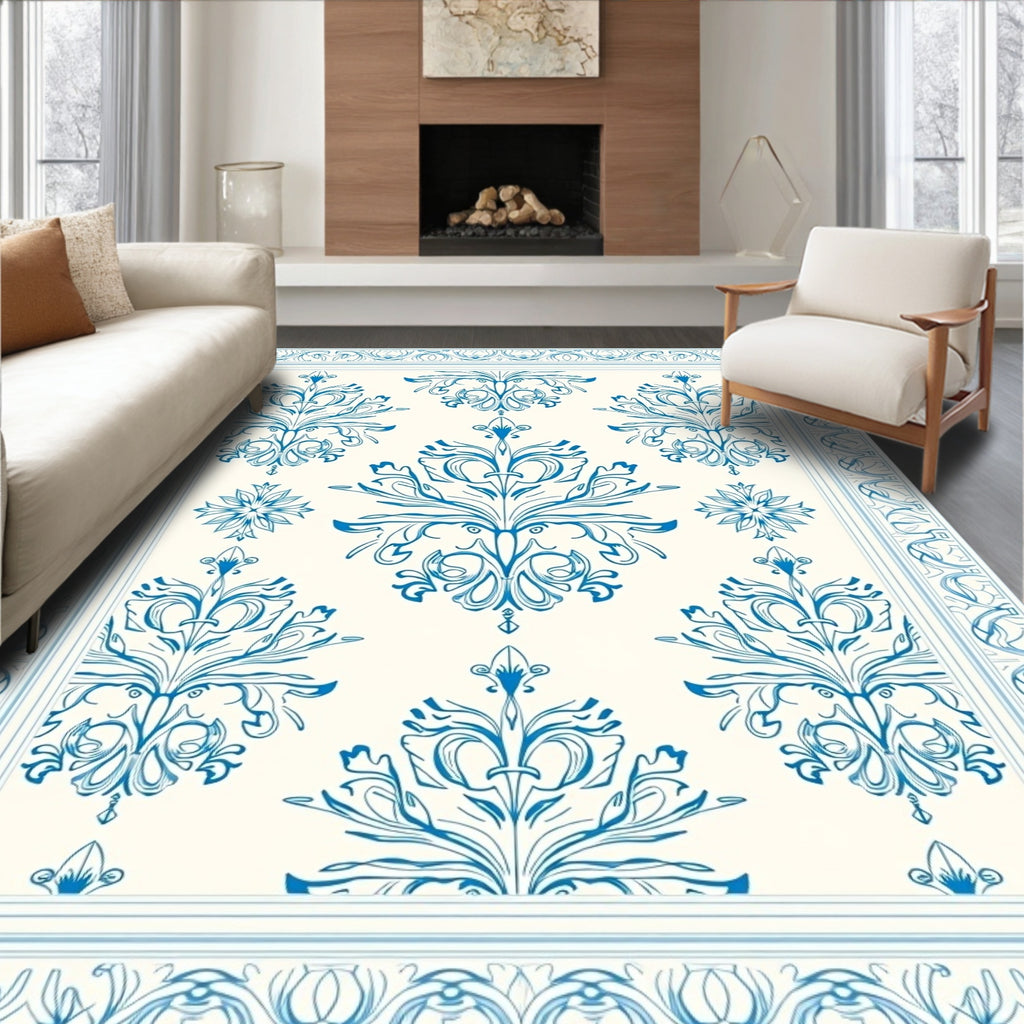Classic Floral Damask Blue Pattern Rug