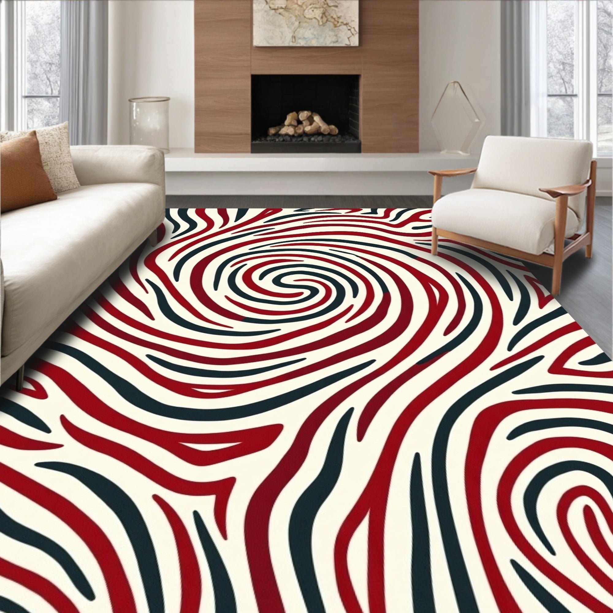 Crimson Navy Swirl Animal Print Rug