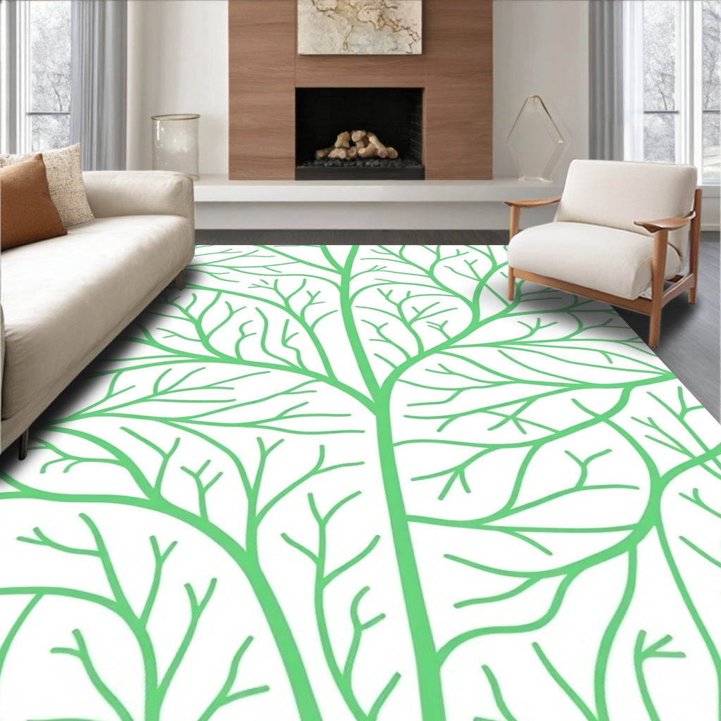 Bright Mint Branches on White Rug