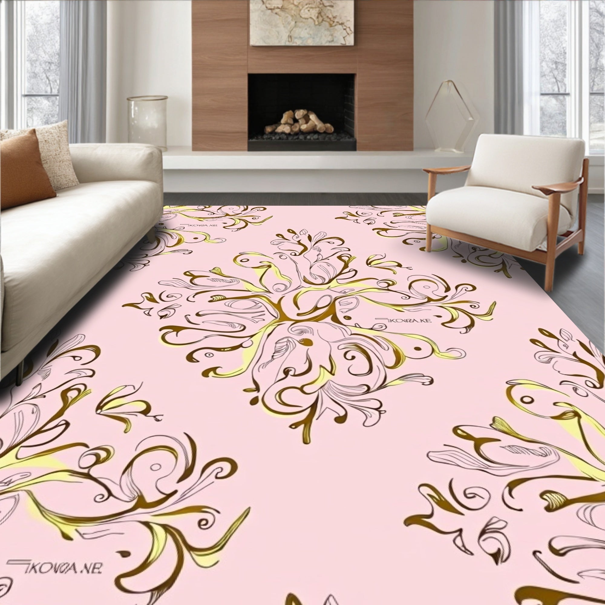 Ornate Floral Swirls With Pink Background Rug