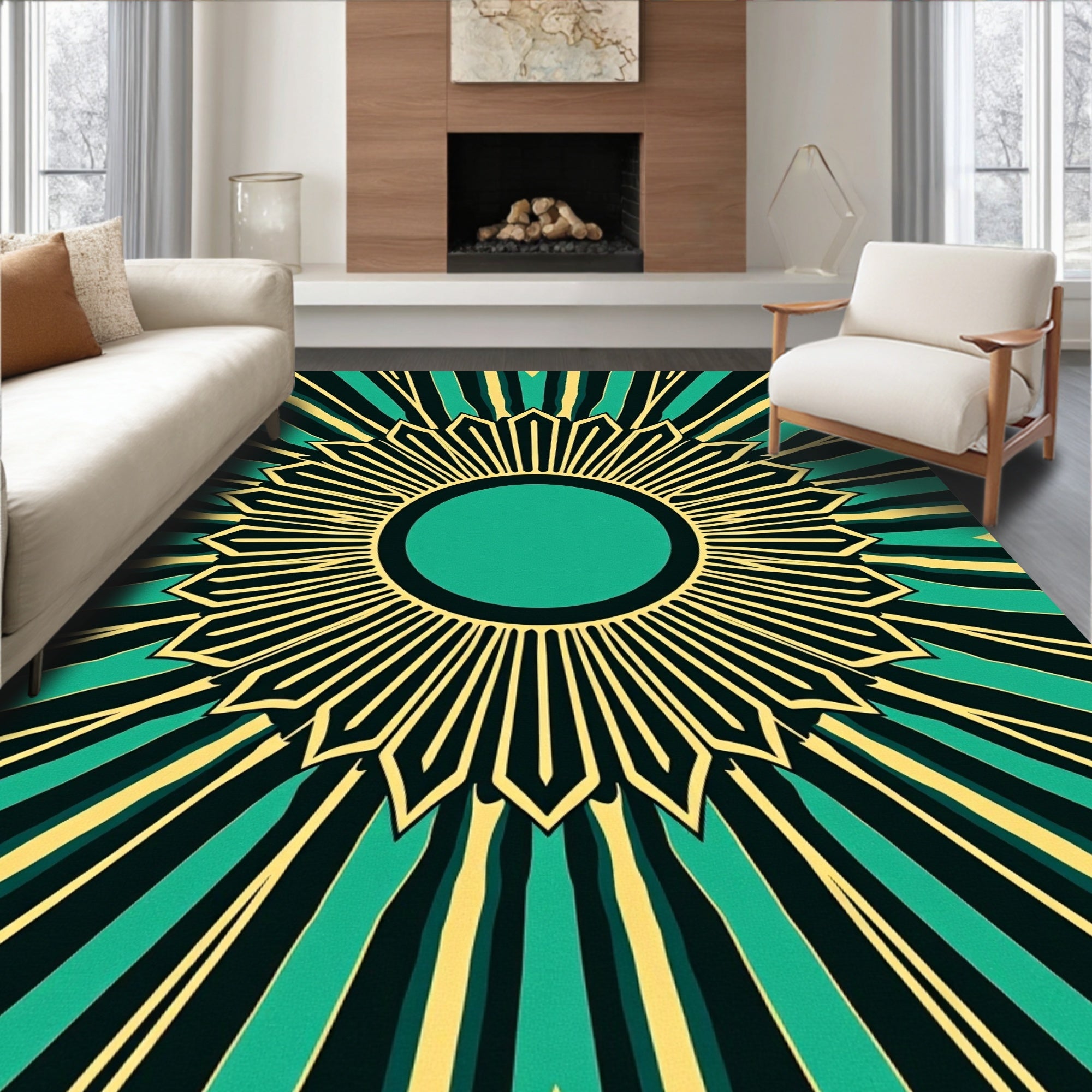 Emerald Sunburst Geometric Pattern Rug