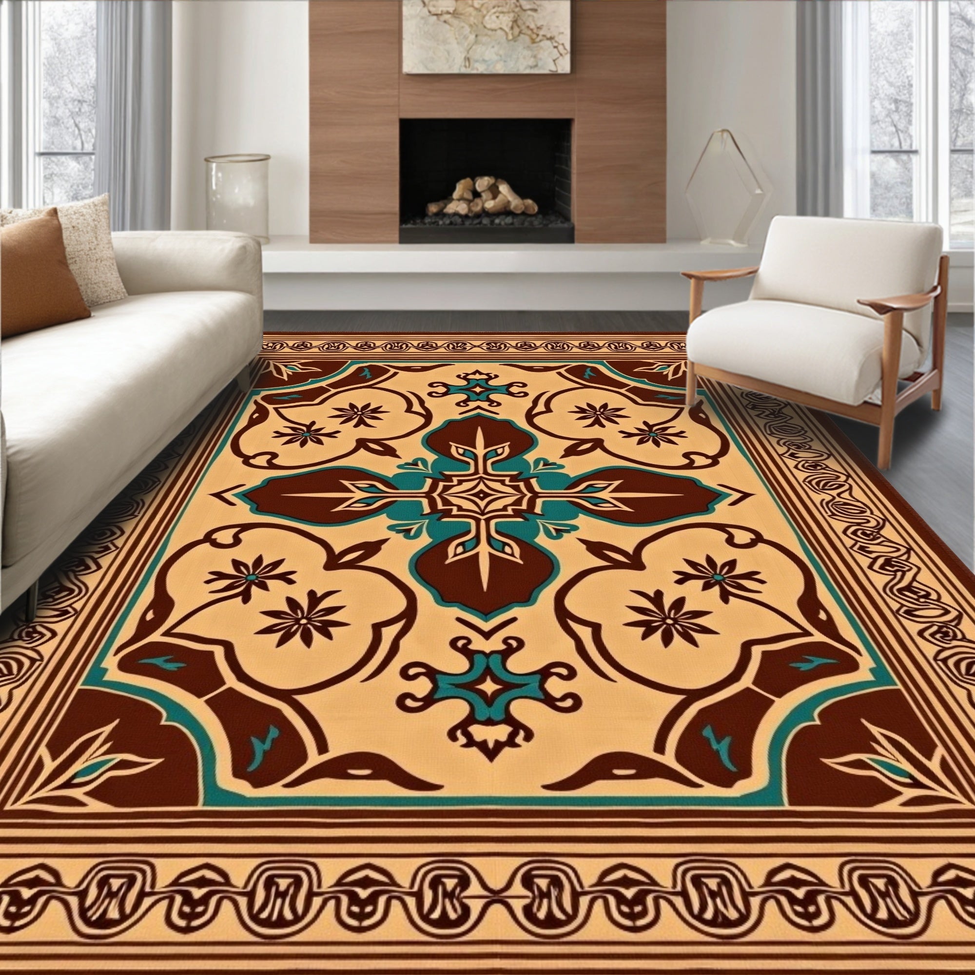 Ornate Floral Patterned Medallion Rug