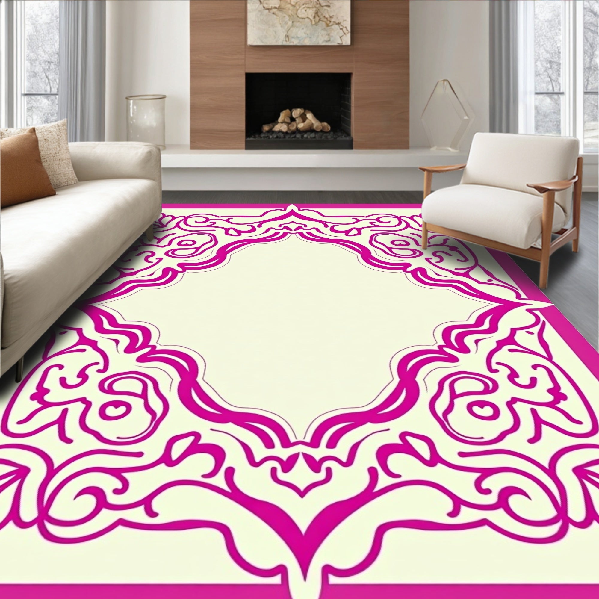 Ornate Flourish Design Pink Rug