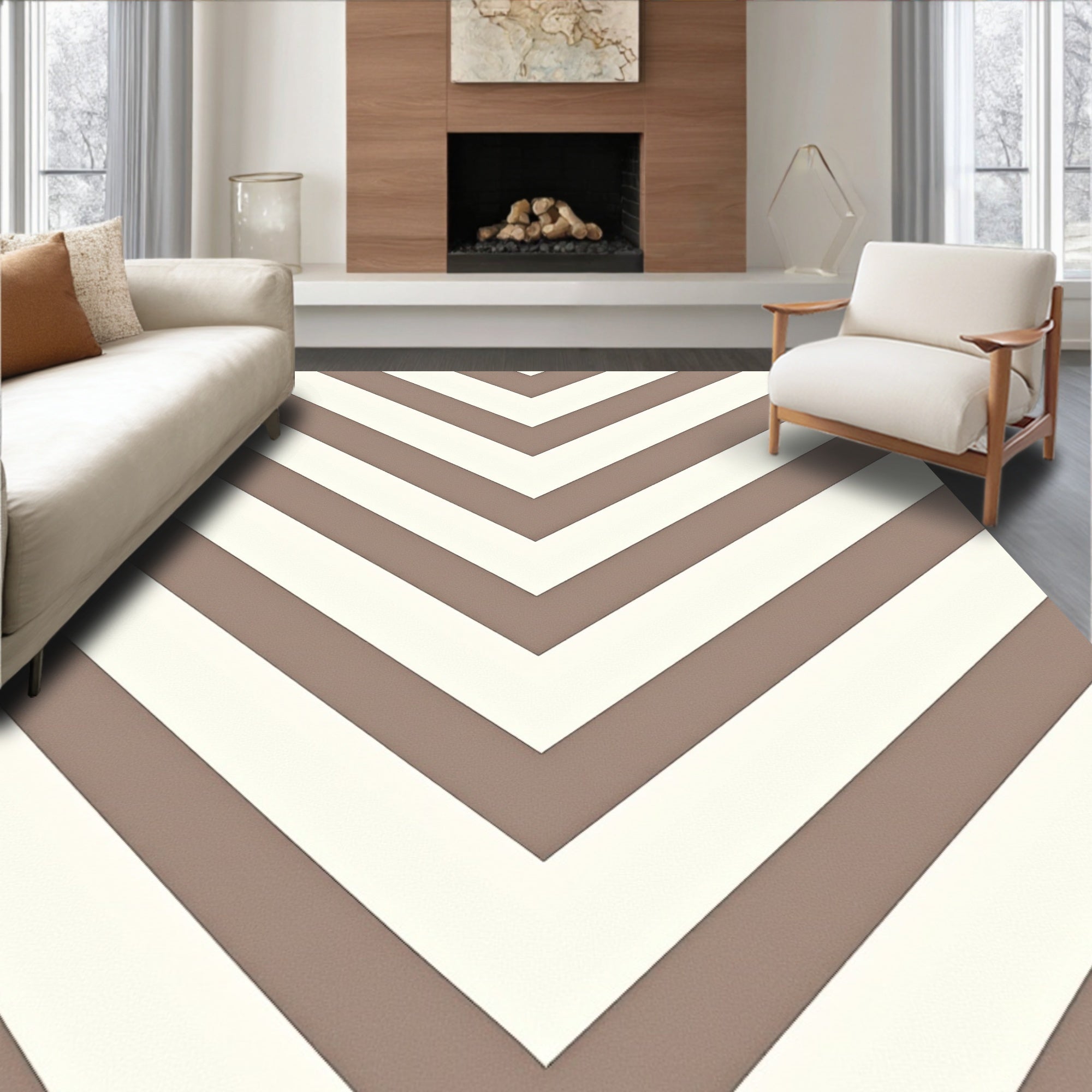 Chevron Beige White Stripes Design Rug