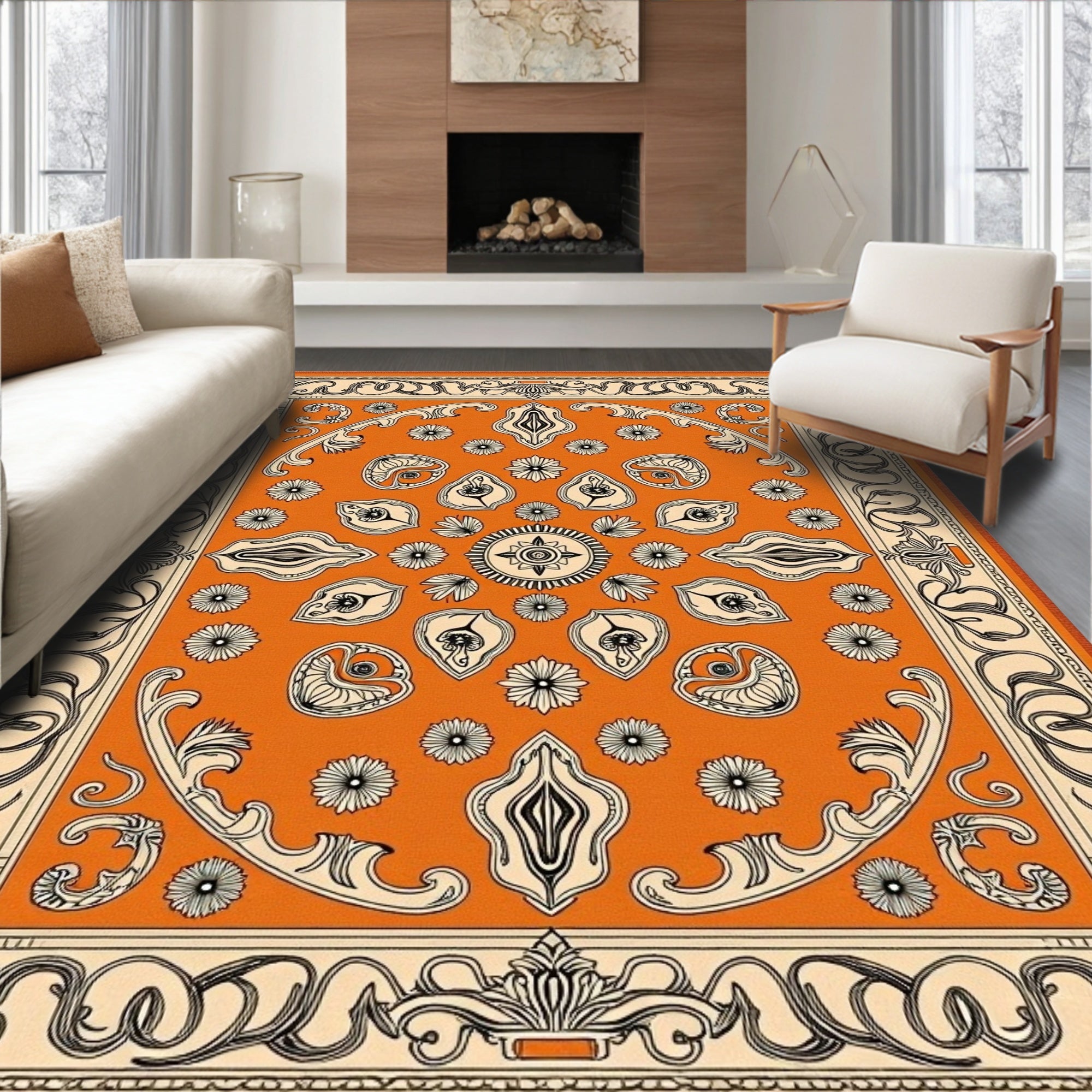 Orange Floral and Abstract Motif Rug