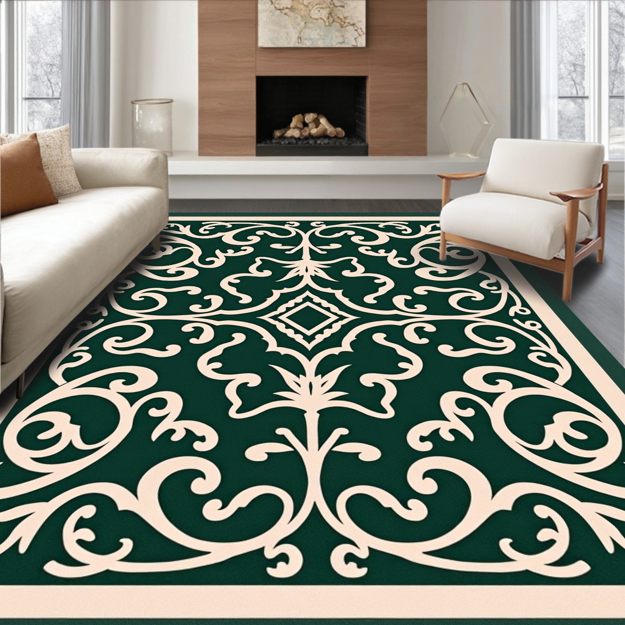 Ornate Ivory Floral Scrollwork Rug