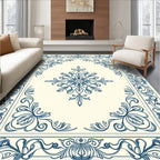 Ornate Blue Floral Border Design Rug