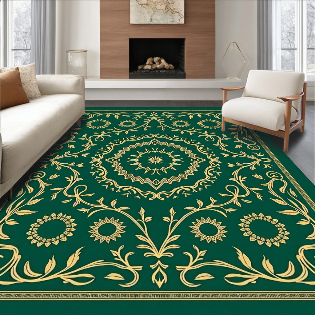 Emerald Green Gold Filigree Medallion Rug