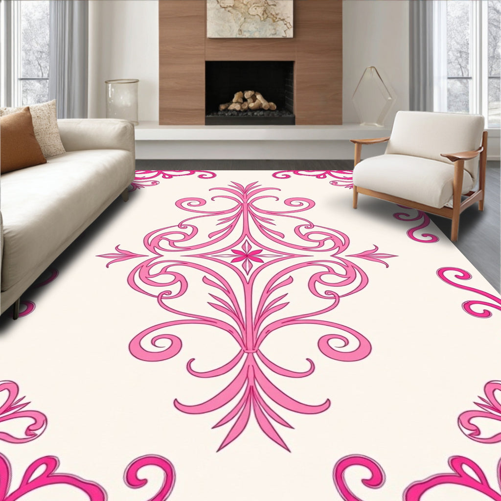 Elegant Pink Scrollwork Floral Design Rug