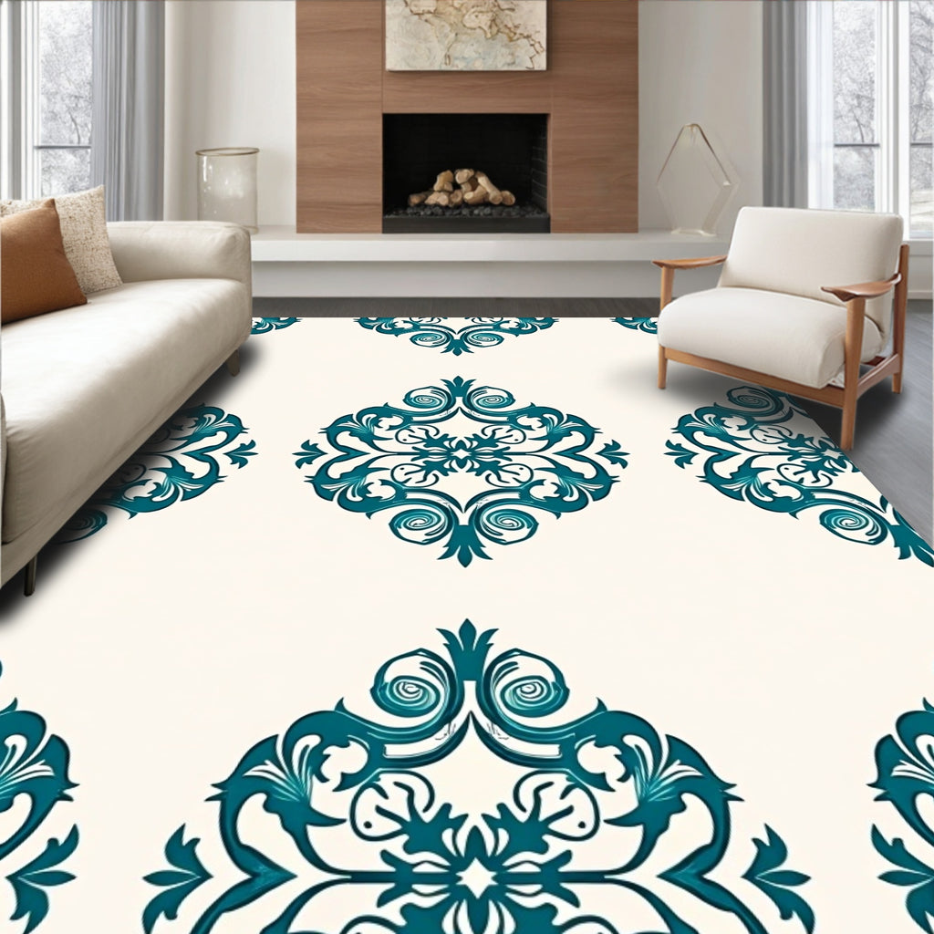 Regal Teal Scrollwork Damask Rug