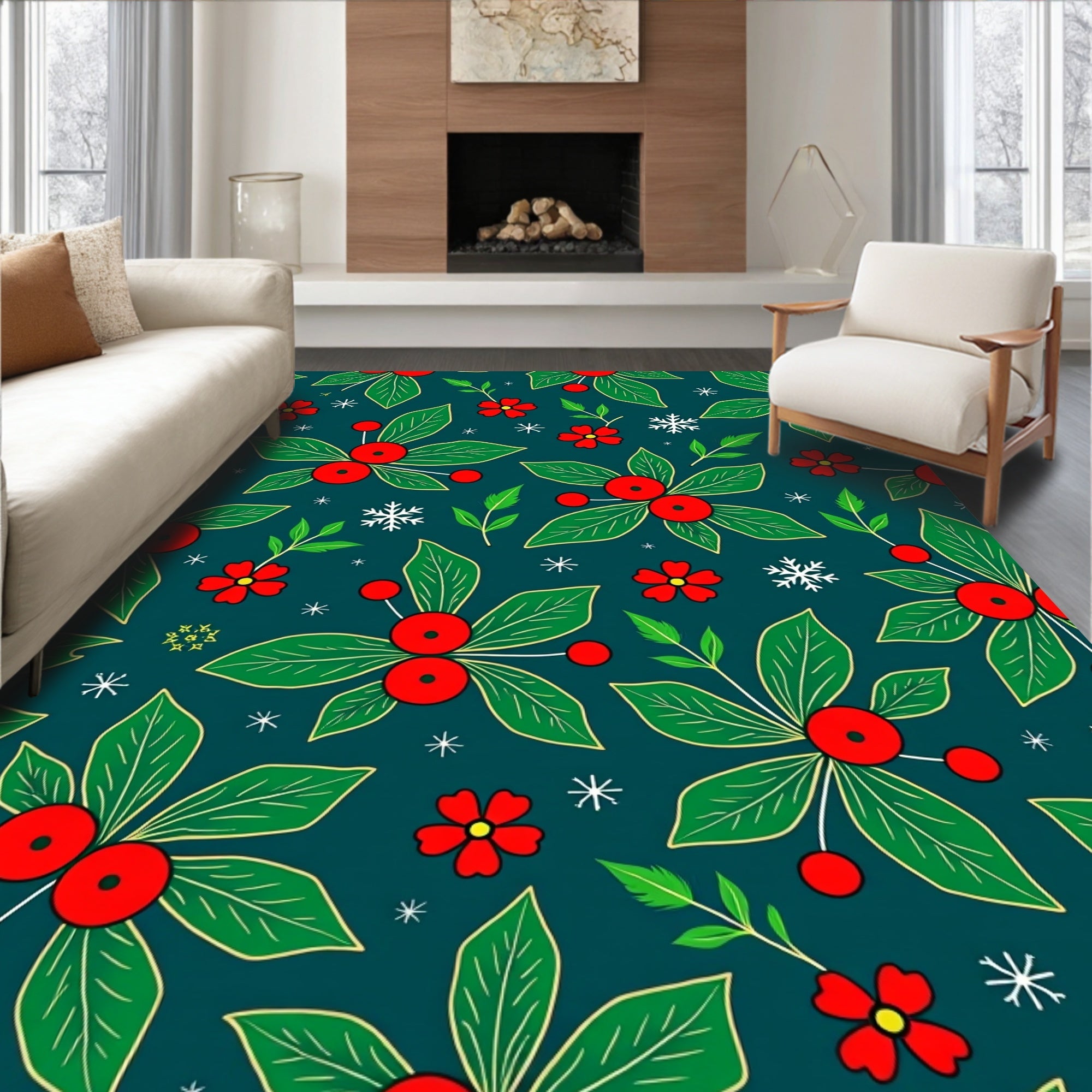 Red Berry Leaf Snowflakes Rug