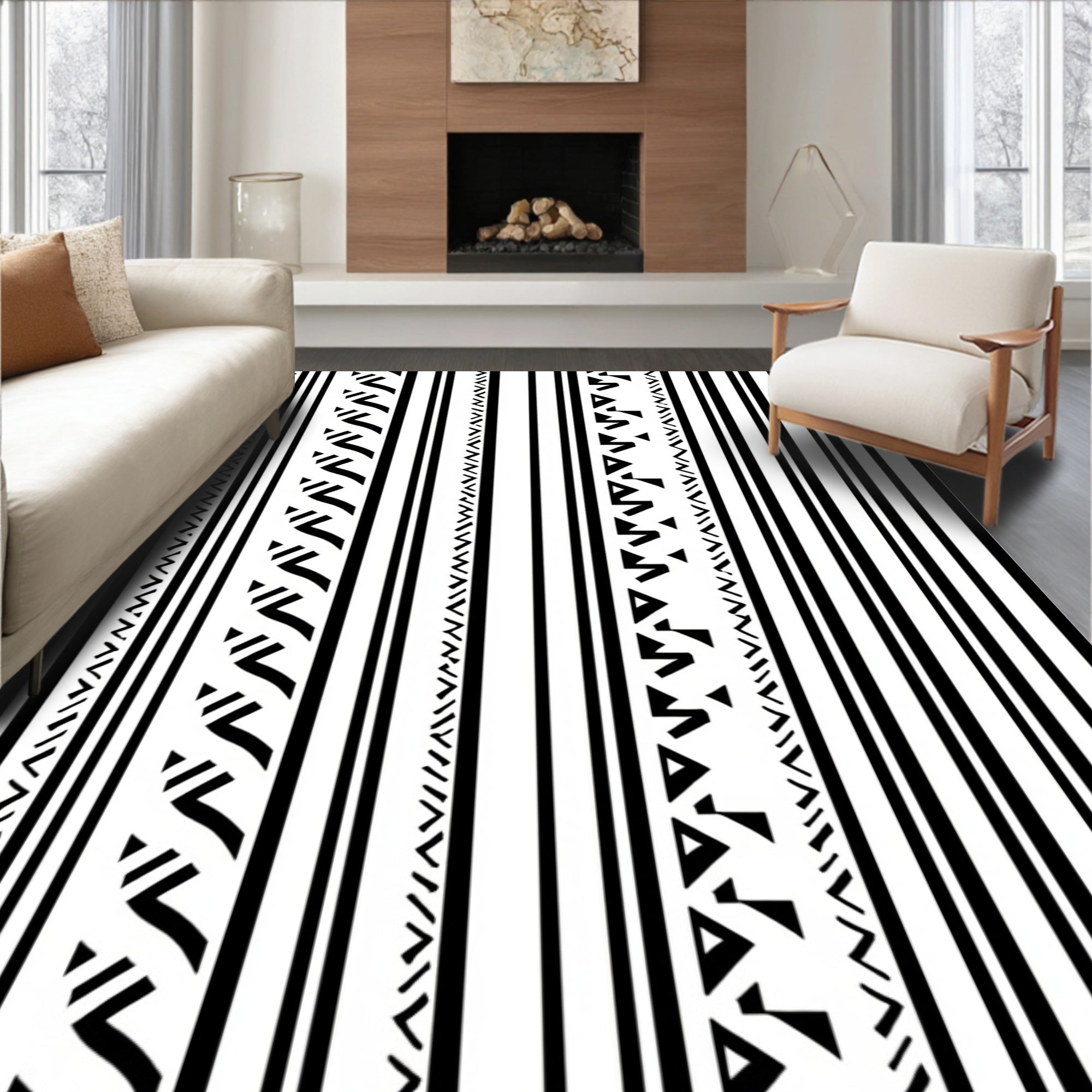 Black White Vertical Striped Geometric Rug