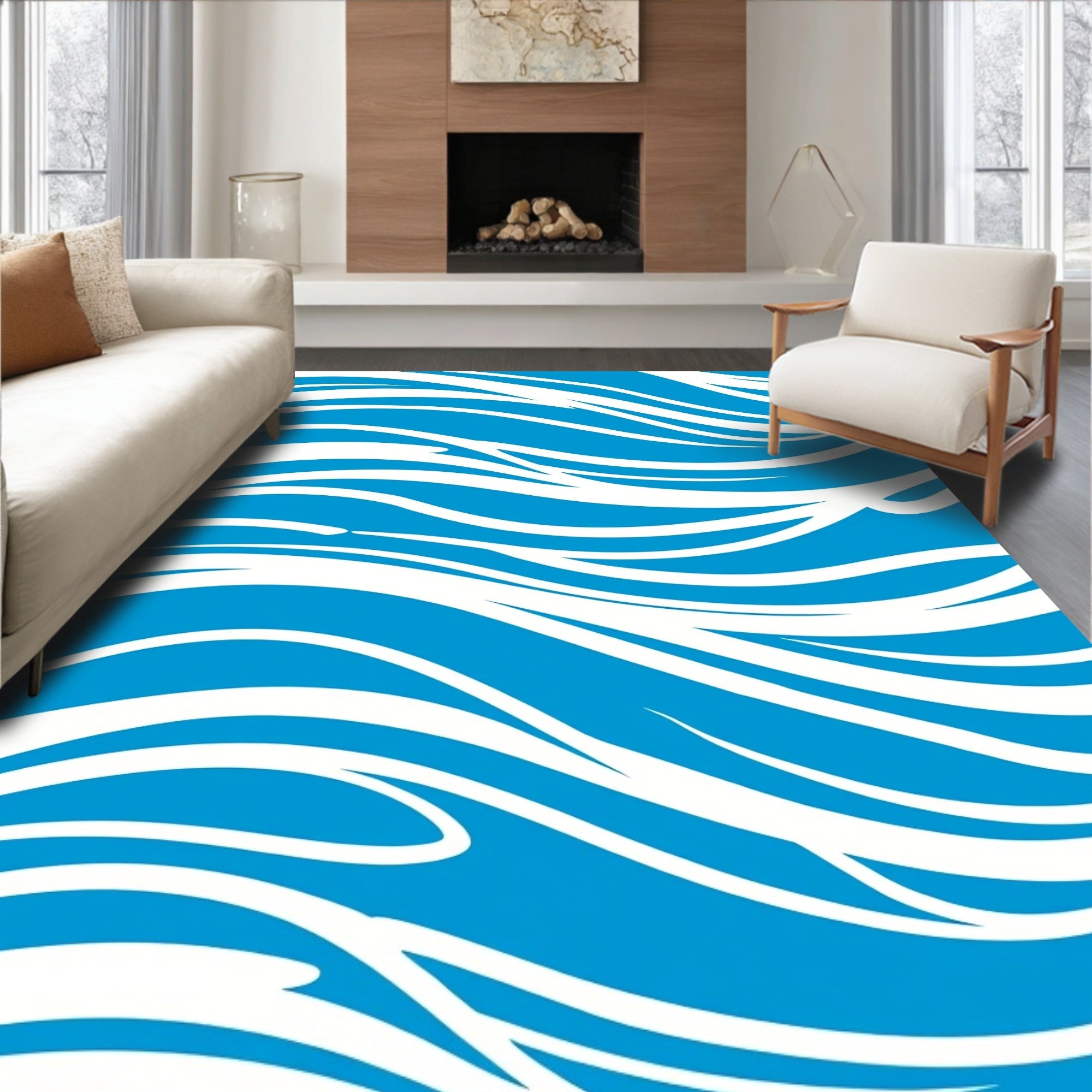 Blue White Flowing Wave Pattern Rug