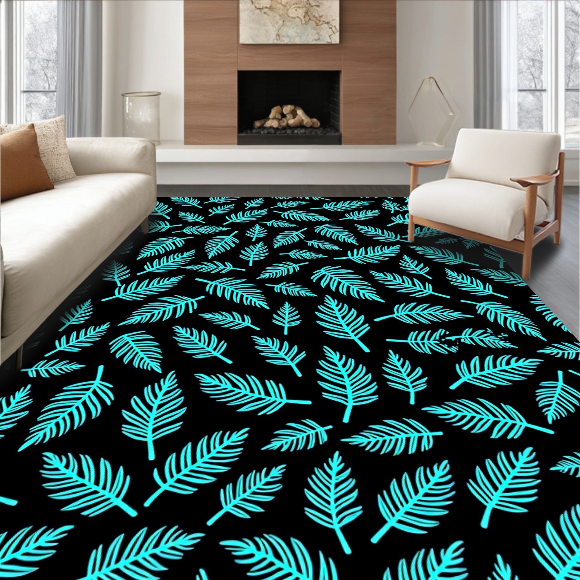 Cyan Tropical Leaf Pattern Rug