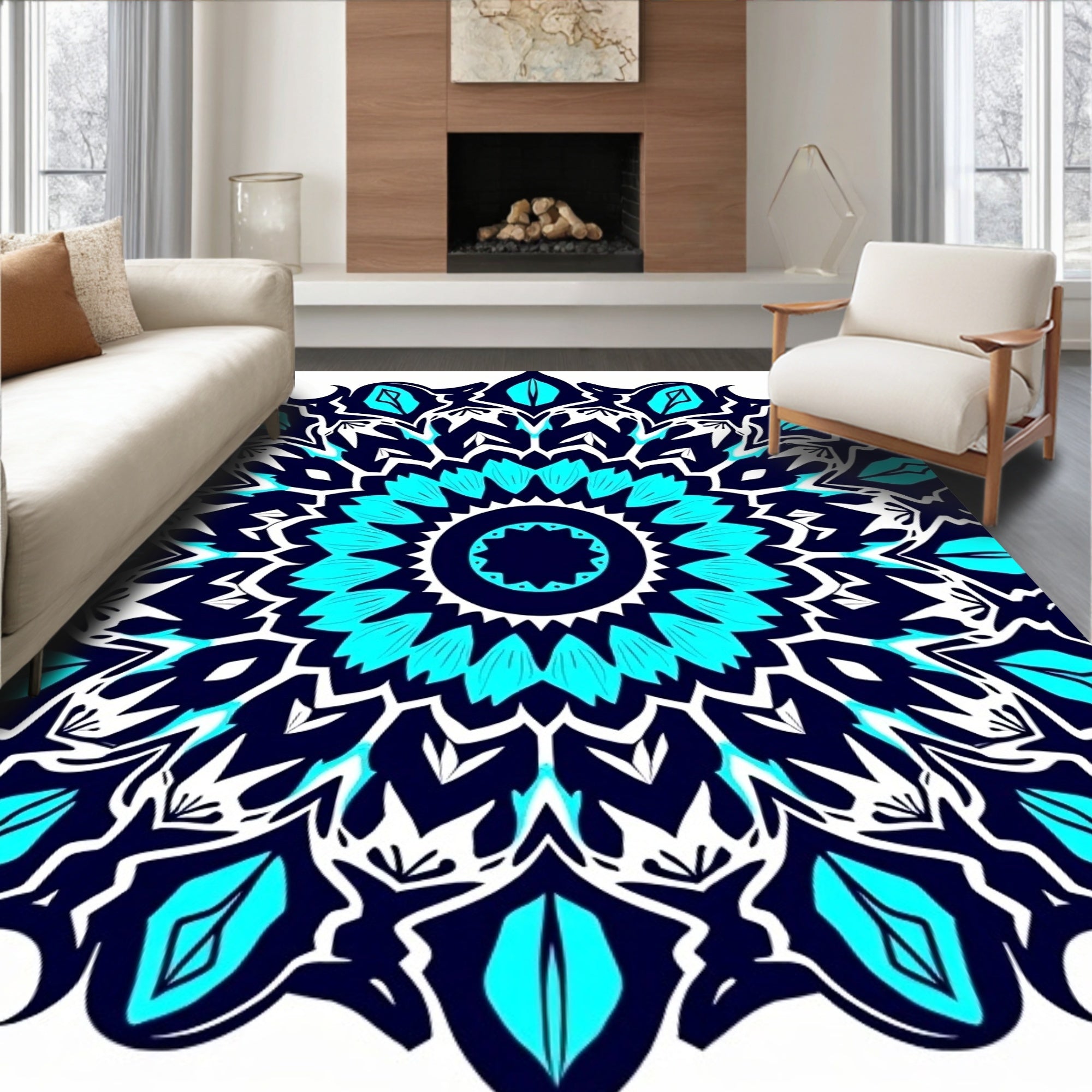 Bold Teal Snowflake Mandala Design Rug