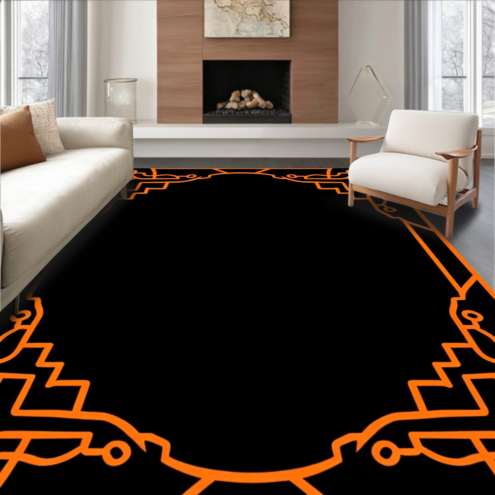 Orange Geometric Ornate Frame Rug