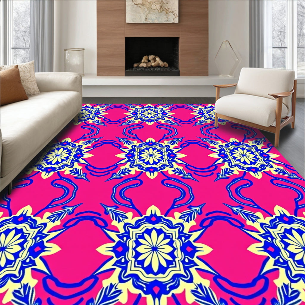Radiant Blue Yellow Floral Pattern Rug