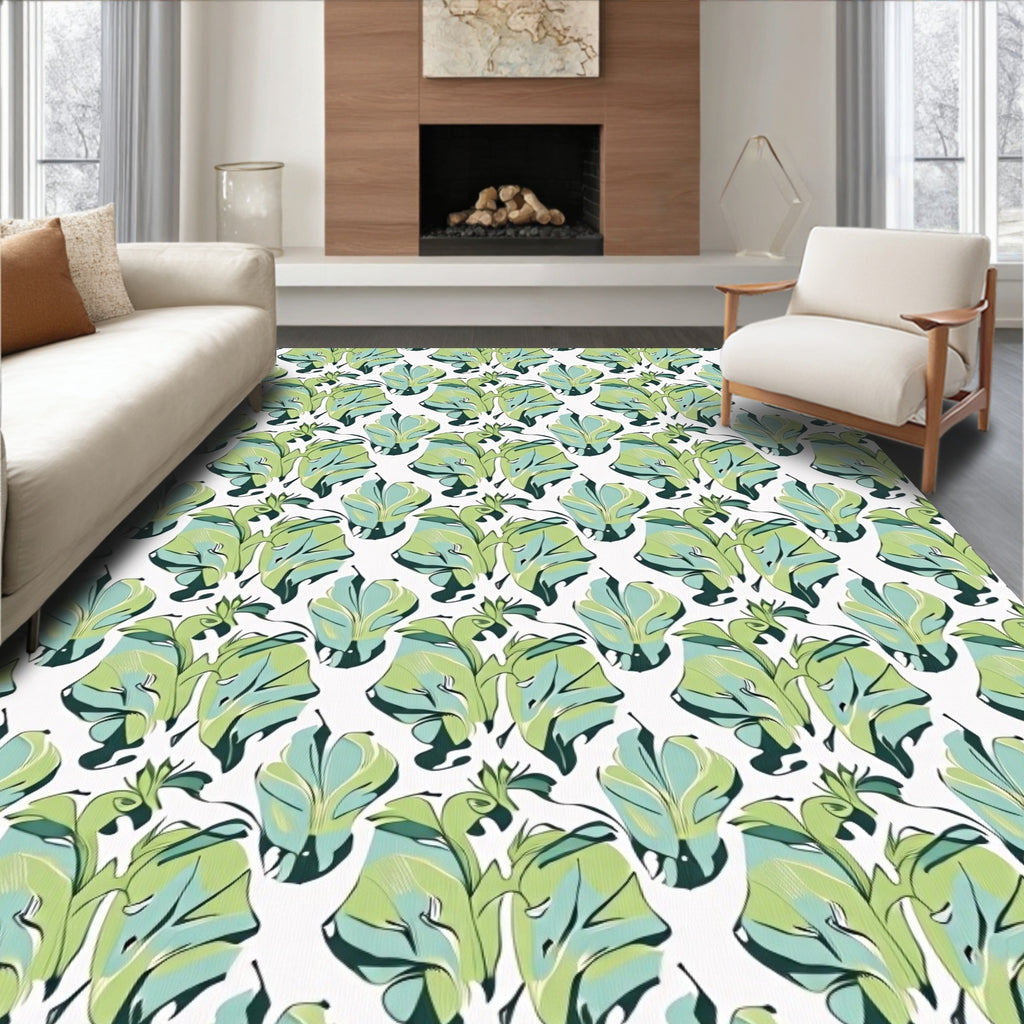 Tropical Leaf Patterned Green and Aqua Rug