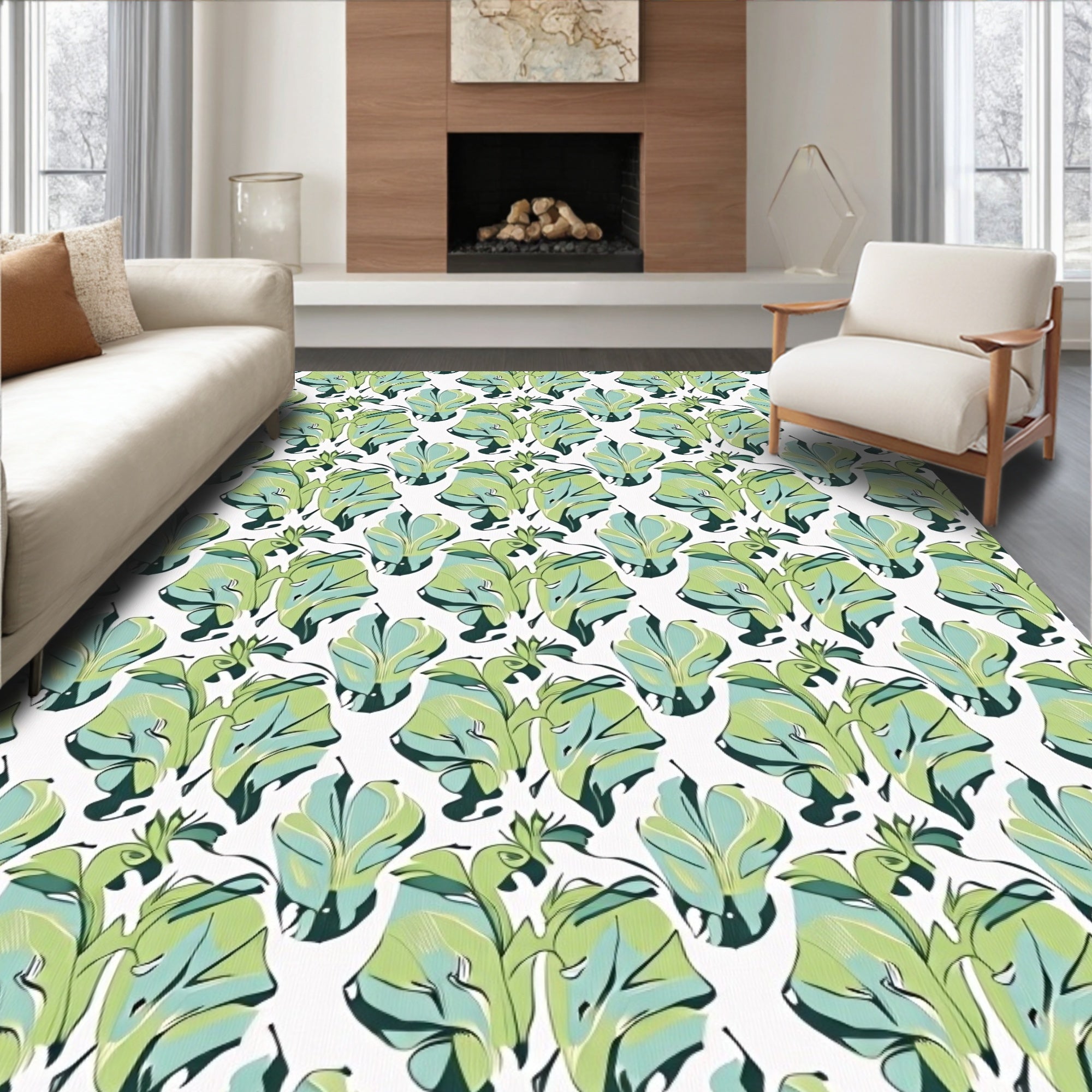 Tropical Leaf Patterned Green and Aqua Rug