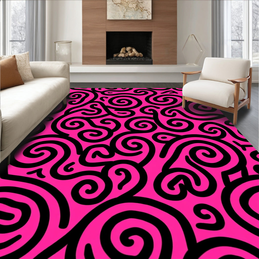 Vibrant Pink Black Swirl Design Rug