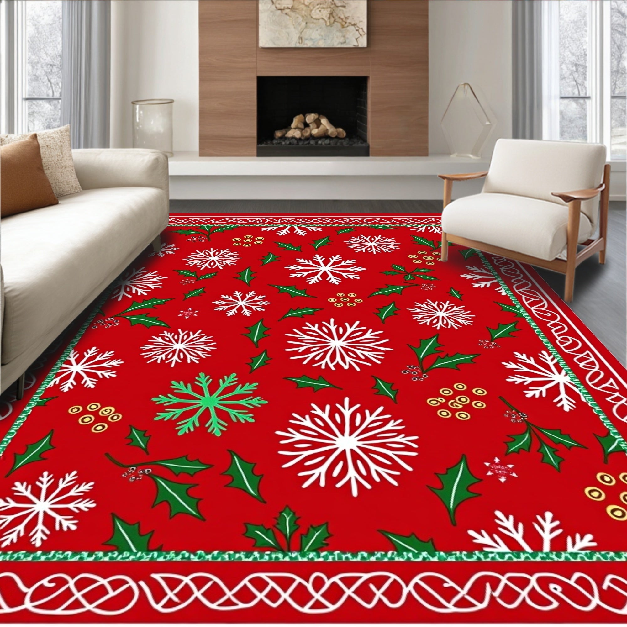 Holiday Red Snowflake Holly Berry Rug
