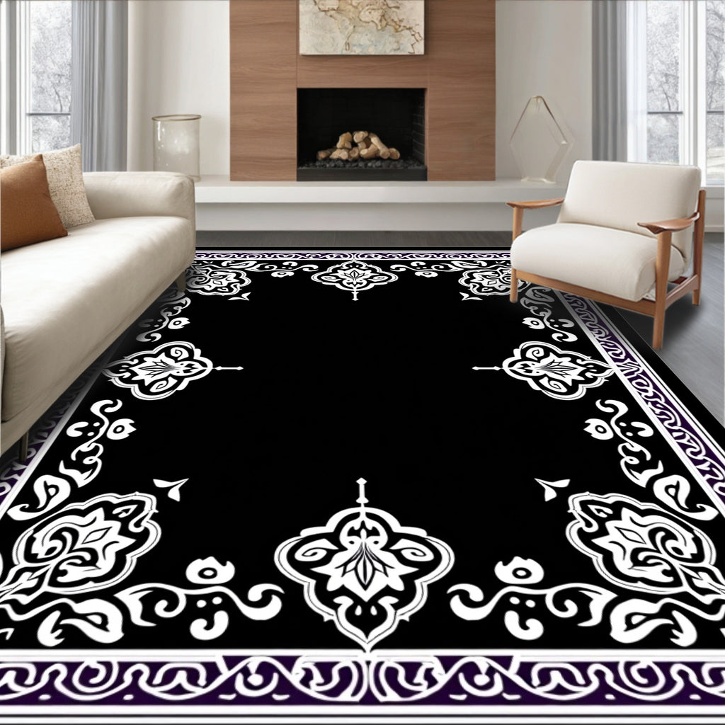 Ornate White Floral Border Design Rug