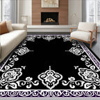 Ornate White Floral Border Design Rug