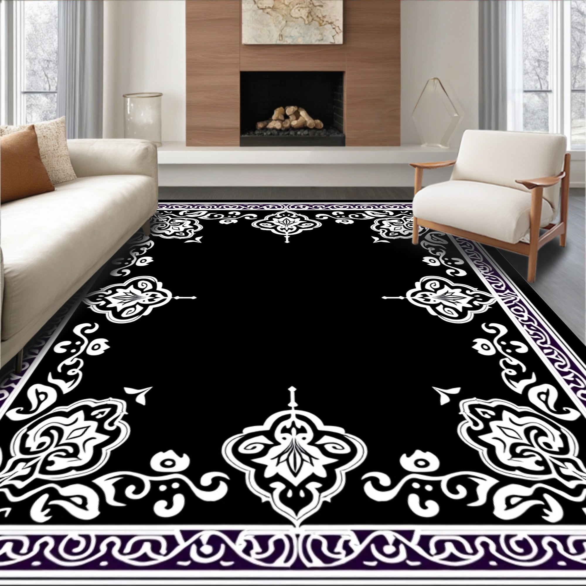 Ornate White Floral Border Design Rug