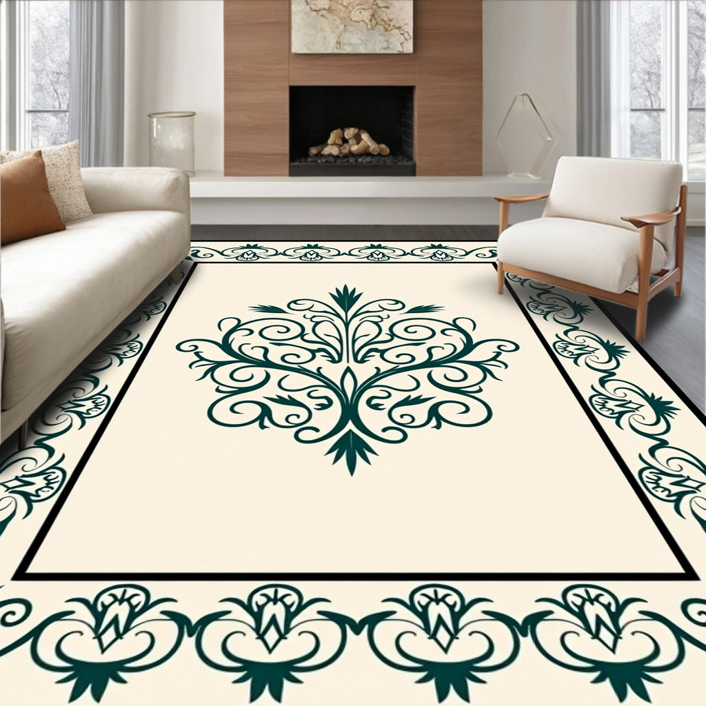Elegant Green Floral Scroll Pattern Rug