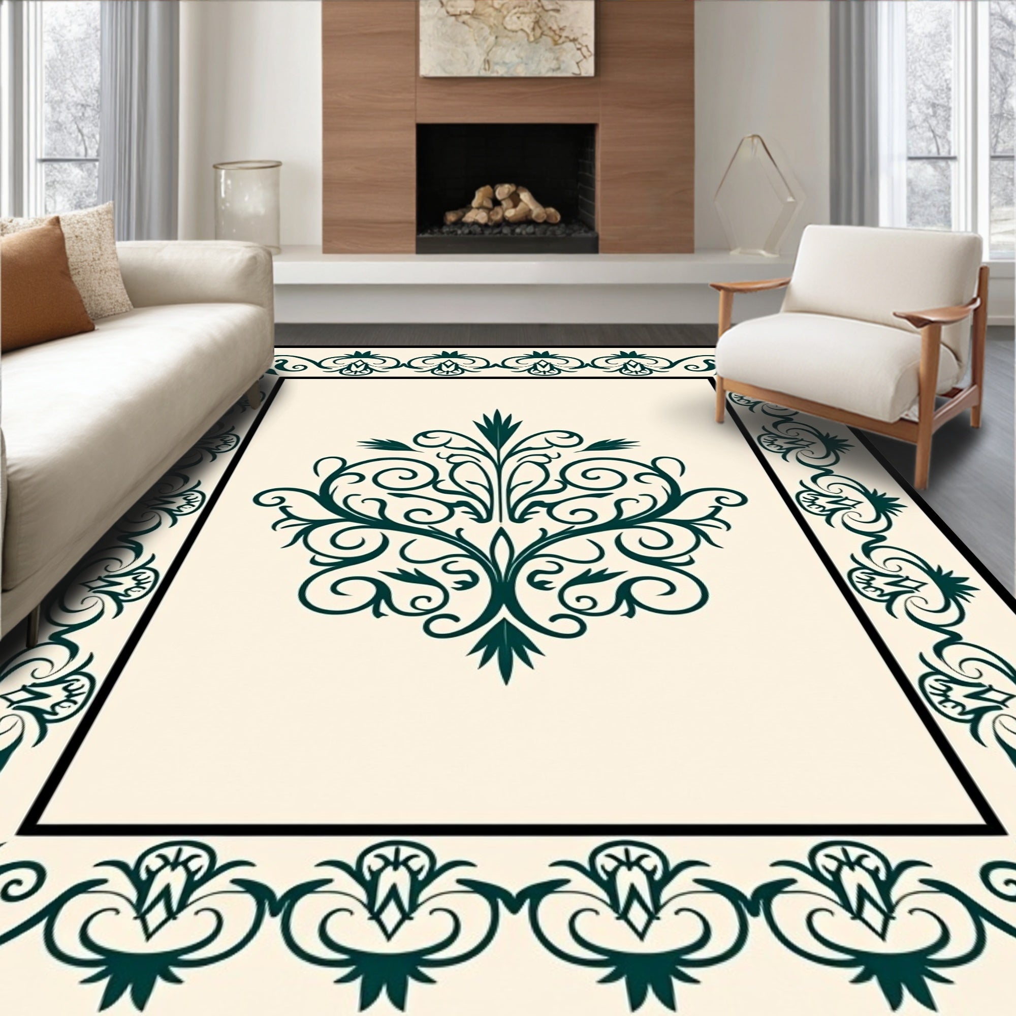 Elegant Green Floral Scroll Pattern Rug