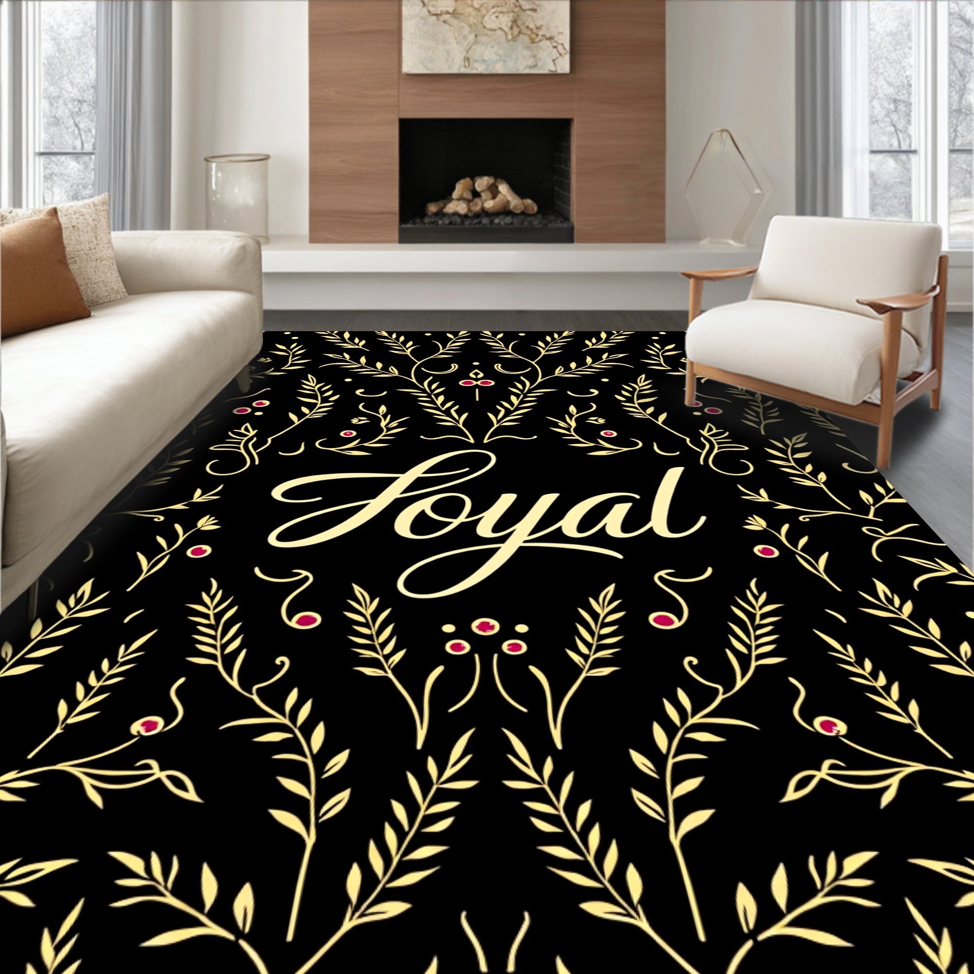 Golden Floral Black Vintage Script Rug