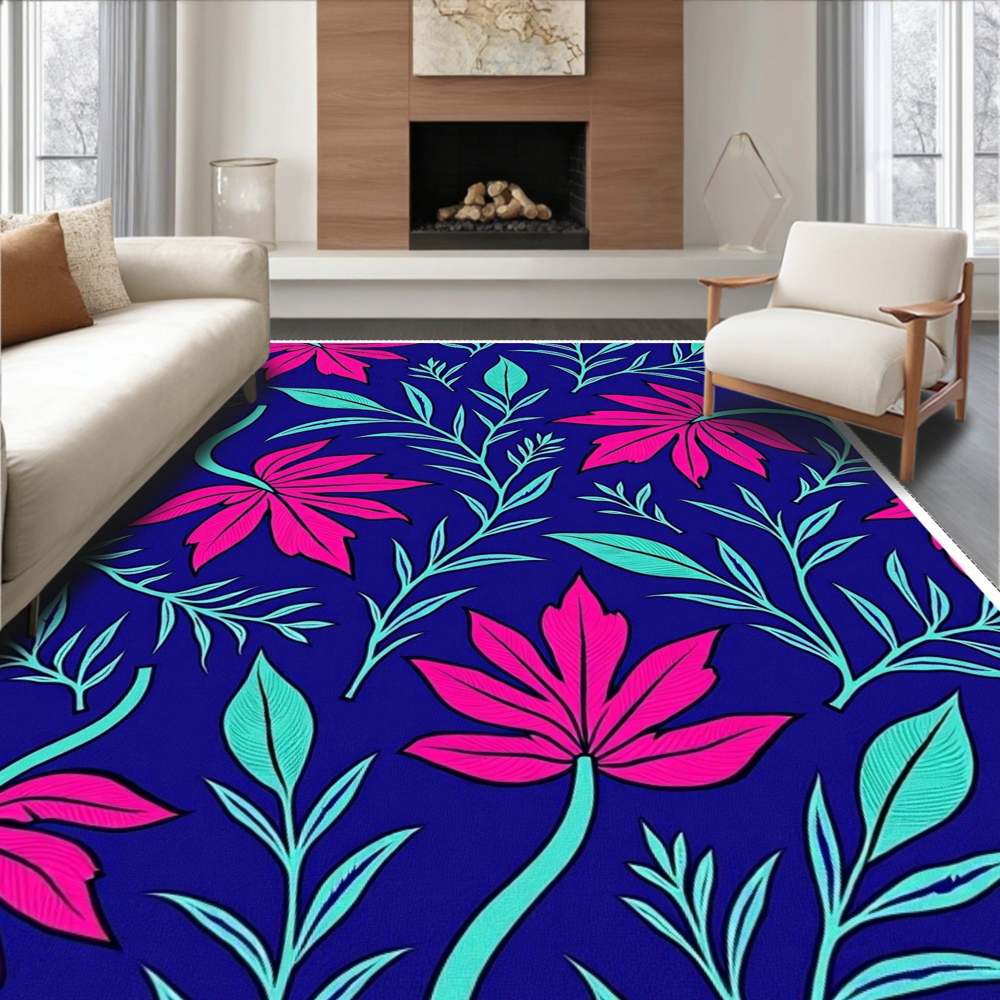 Bold Floral Leaf Pattern Design Rug