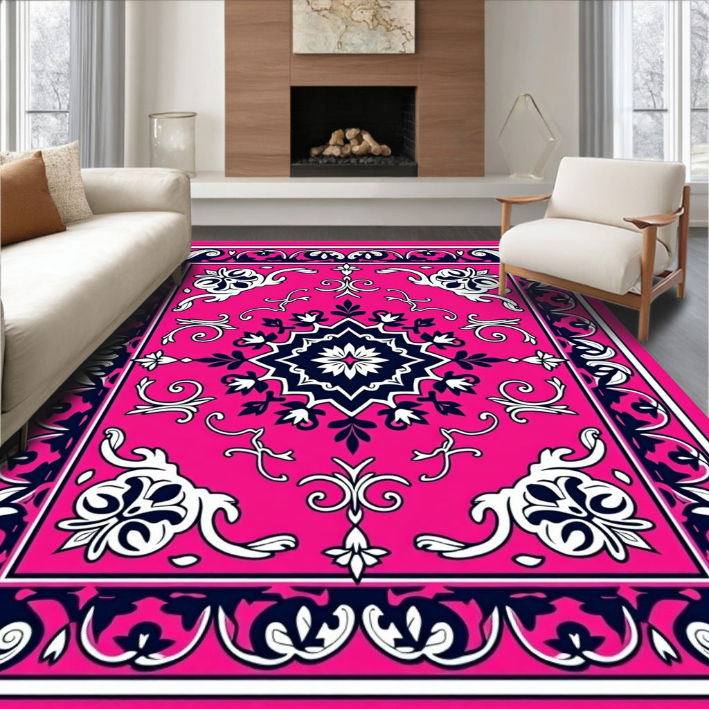 Vibrant Pink Floral Medallion Tapestry Design Rug
