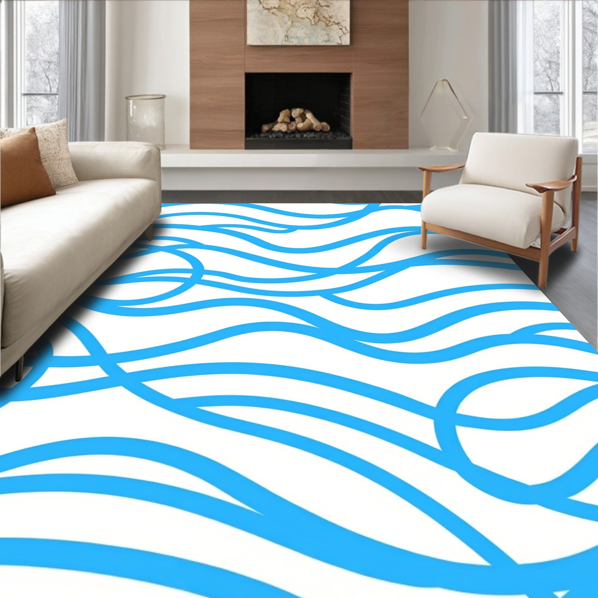 Abstract Blue Wave Pattern Rug