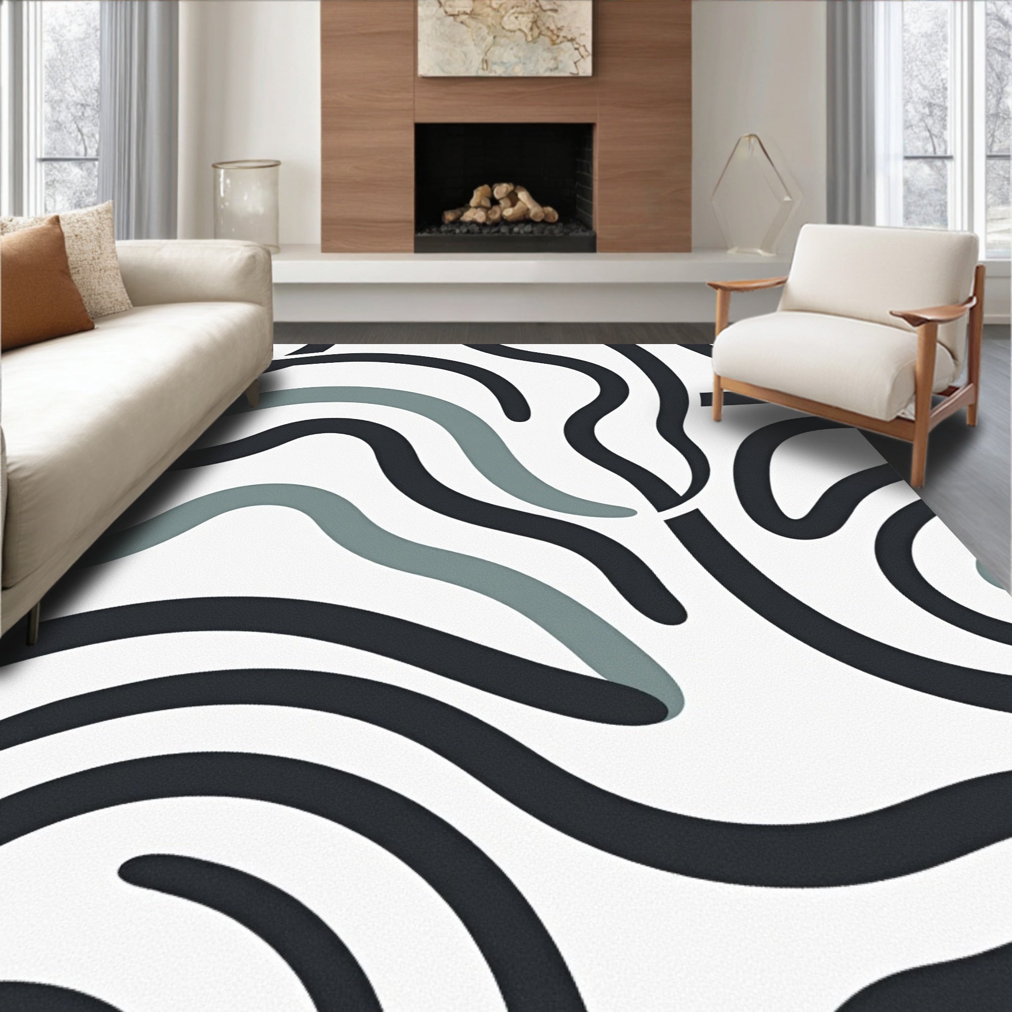 Abstract Wavy Dark Teal Pattern Rug