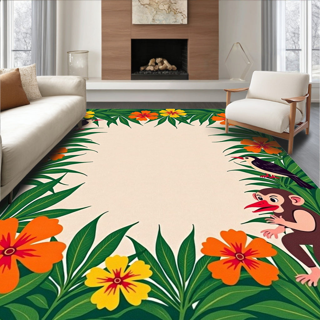 Tropical Jungle Birds and Monkey Design Rug
